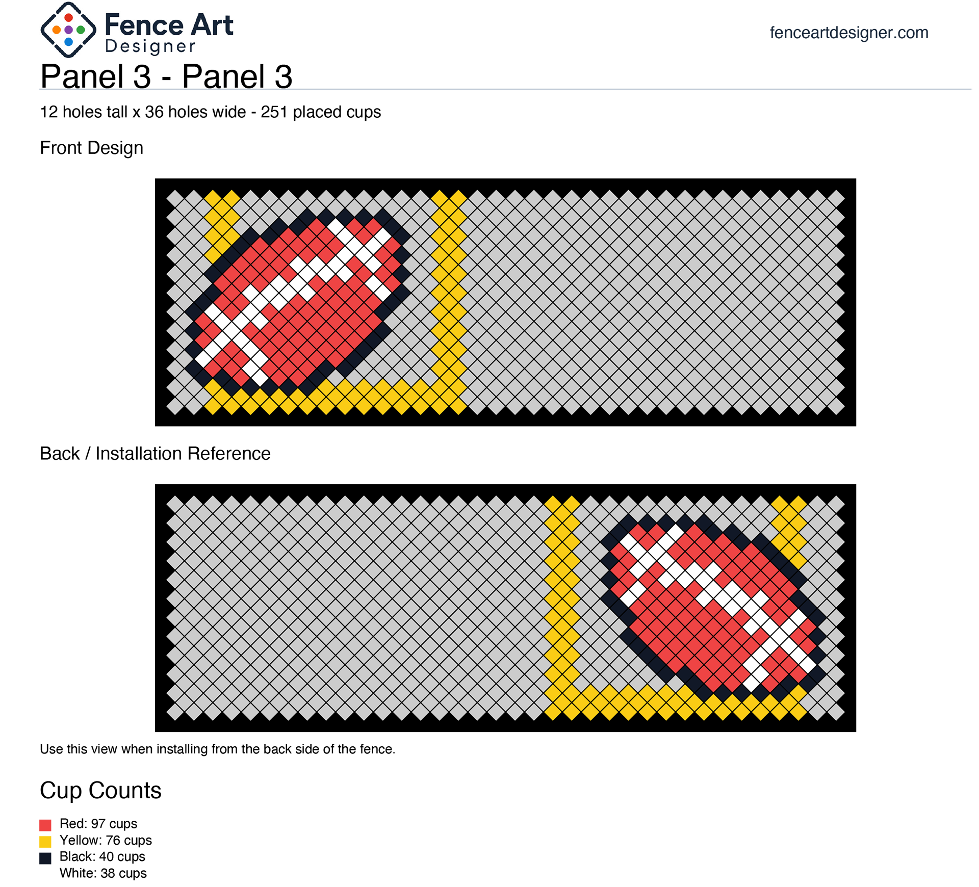 Fence Art Designer installation PDF showing front and back fence references and cup counts.