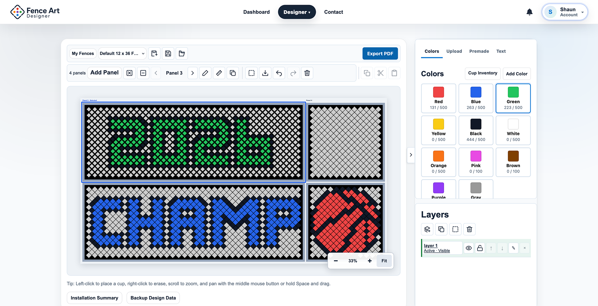 Fence Art Designer four-panel layout with STATE CHAMP cup artwork and a basketball.