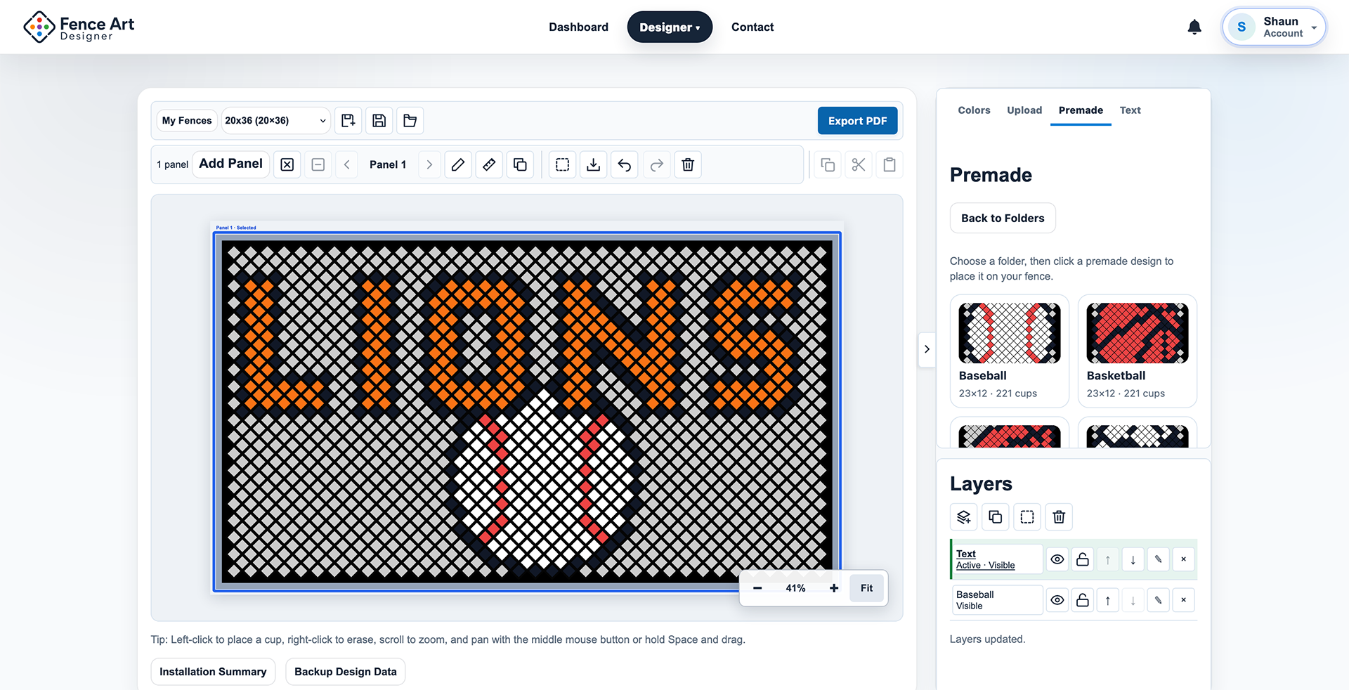 Fence Art Designer premade library with baseball and basketball designs beside LIONS cup artwork.
