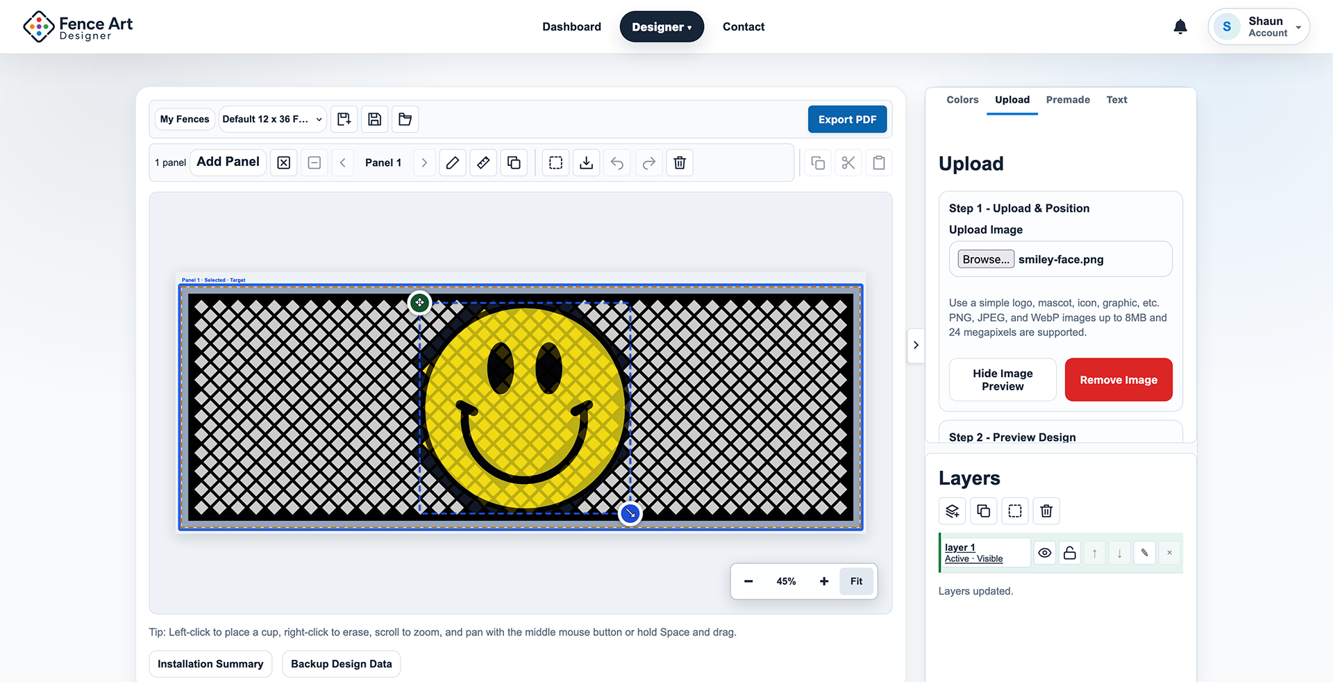 Fence Art Designer Upload tool positioning a yellow smiley-face image on the fence.